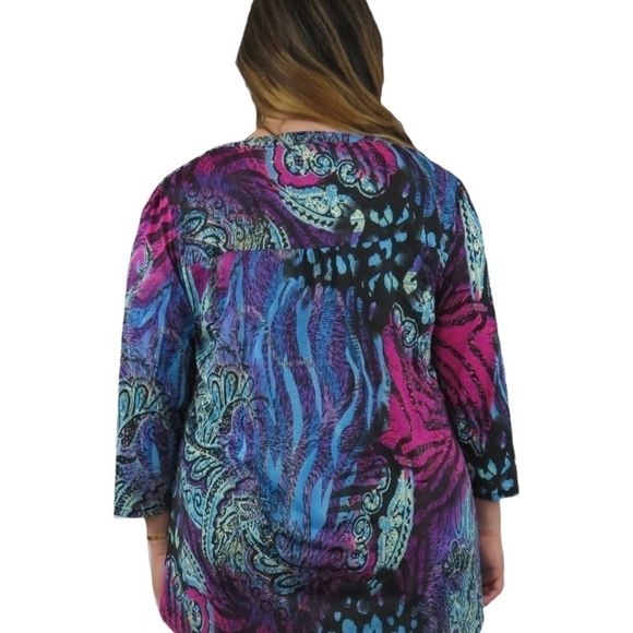La Cera Pleat Front Printed Tunic Blue Purple Large - Picture 2 of 13